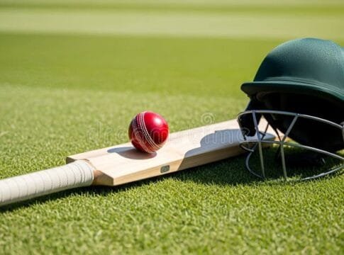 cricket-equipment-bat-ball-helmet-green-field-arranged-lush-grass-bright-natural-lighting-creating-energetic-sporty-411273381